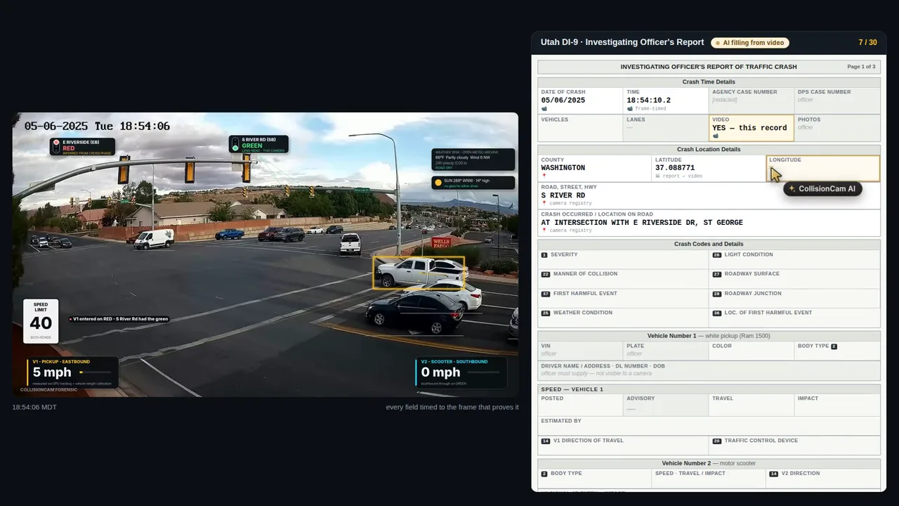 A Utah DI-9 crash report filling itself in next to the crash video